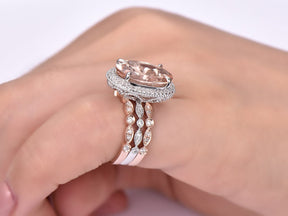 5.5ct Morganite Halo Ring Vintage Trio Ring Set in Two Tone Gold - Lord of Gem Rings
