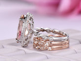 5.5ct Morganite Halo Ring Vintage Trio Ring Set in Two Tone Gold - Lord of Gem Rings