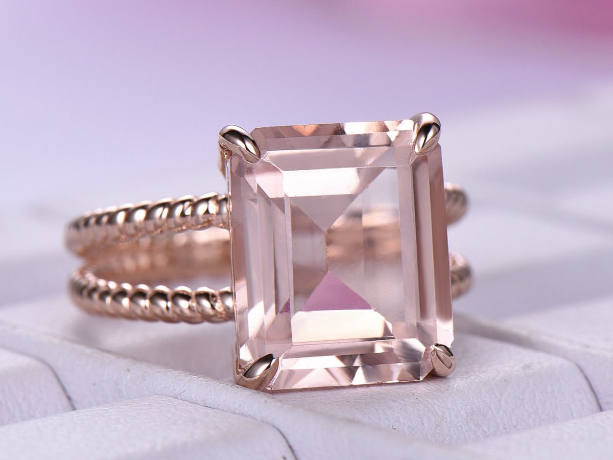 5.6ct Emerald Cut Morganite Ring Twisted Rope Split Shank - Lord of Gem Rings