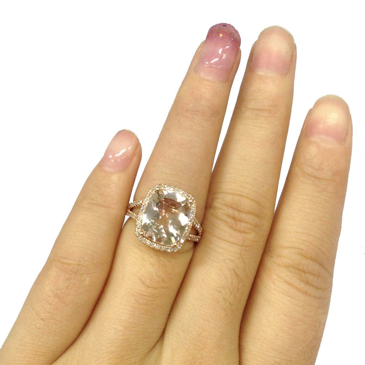 5.8ct Cushion Morganite Ring Diamond Split Shank 14K Rose Gold - Lord of Gem Rings
