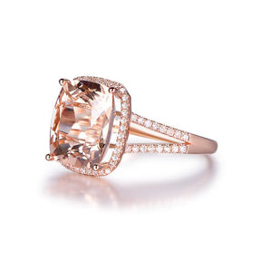 5.8ct Cushion Morganite Ring Diamond Split Shank 14K Rose Gold - Lord of Gem Rings