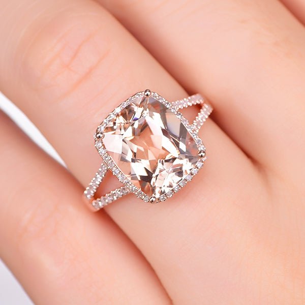 5.8ct Cushion Morganite Ring Diamond Split Shank 14K Rose Gold - Lord of Gem Rings