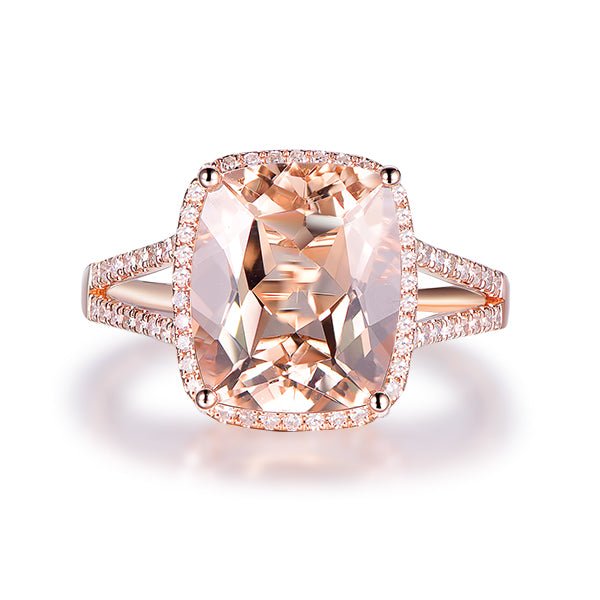 5.8ct Cushion Morganite Ring Diamond Split Shank 14K Rose Gold - Lord of Gem Rings