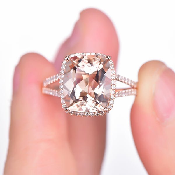 5.8ct Cushion Morganite Ring Diamond Split Shank 14K Rose Gold - Lord of Gem Rings