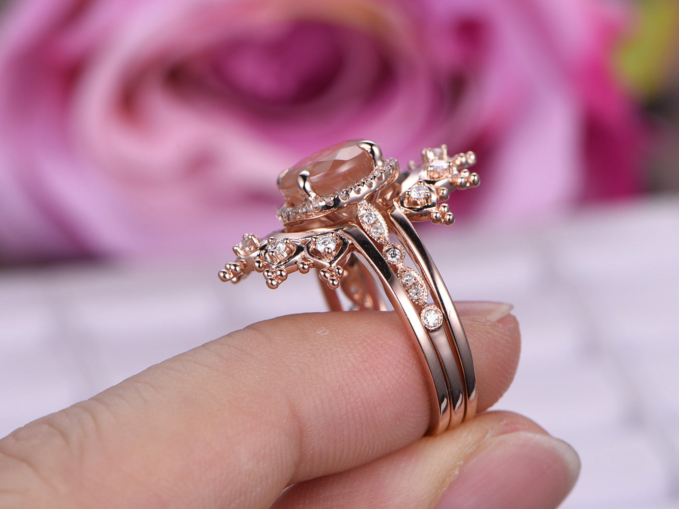 Reserved for Fdark: Matching Tiara Bands for Round Sunstone Engagement Ring, Moissanite Tiara Wedding 14K Rose Gold