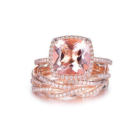 5ct Cushion Morganite Trio Bridal Set Twisted Diamond Band 14K Rose Gold - Lord of Gem Rings