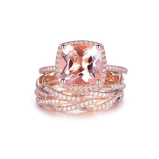 5ct Cushion Morganite Trio Bridal Set Twisted Diamond Band 14K Gold