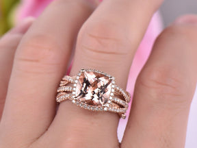 5ct Cushion Morganite Trio Bridal Set Twisted Diamond Band 14K Rose Gold - Lord of Gem Rings