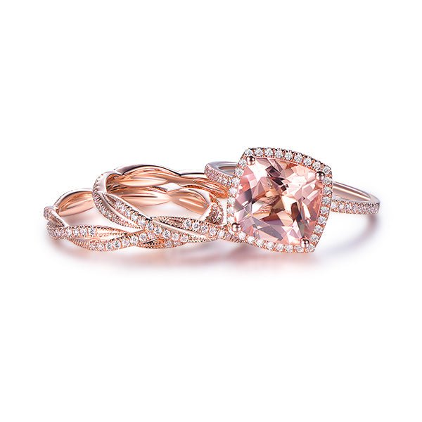 5ct Cushion Morganite Trio Bridal Set Twisted Diamond Band 14K Rose Gold - Lord of Gem Rings