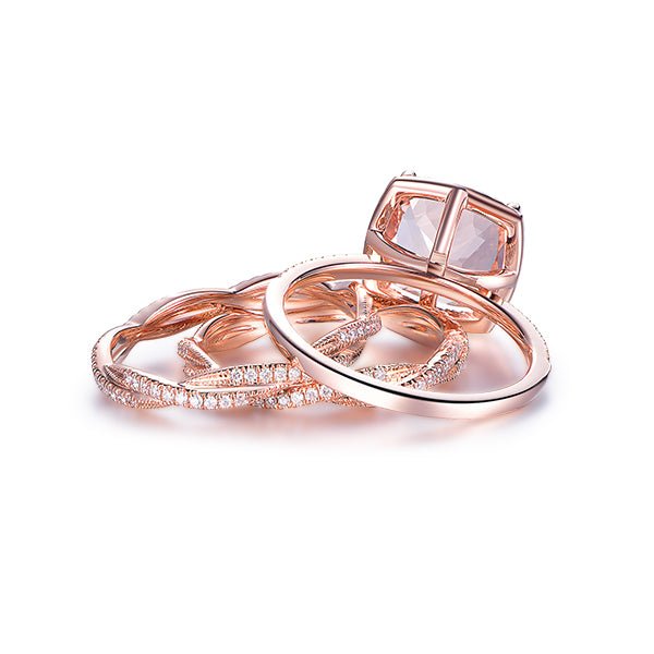 5ct Cushion Morganite Trio Bridal Set Twisted Diamond Band 14K Rose Gold - Lord of Gem Rings