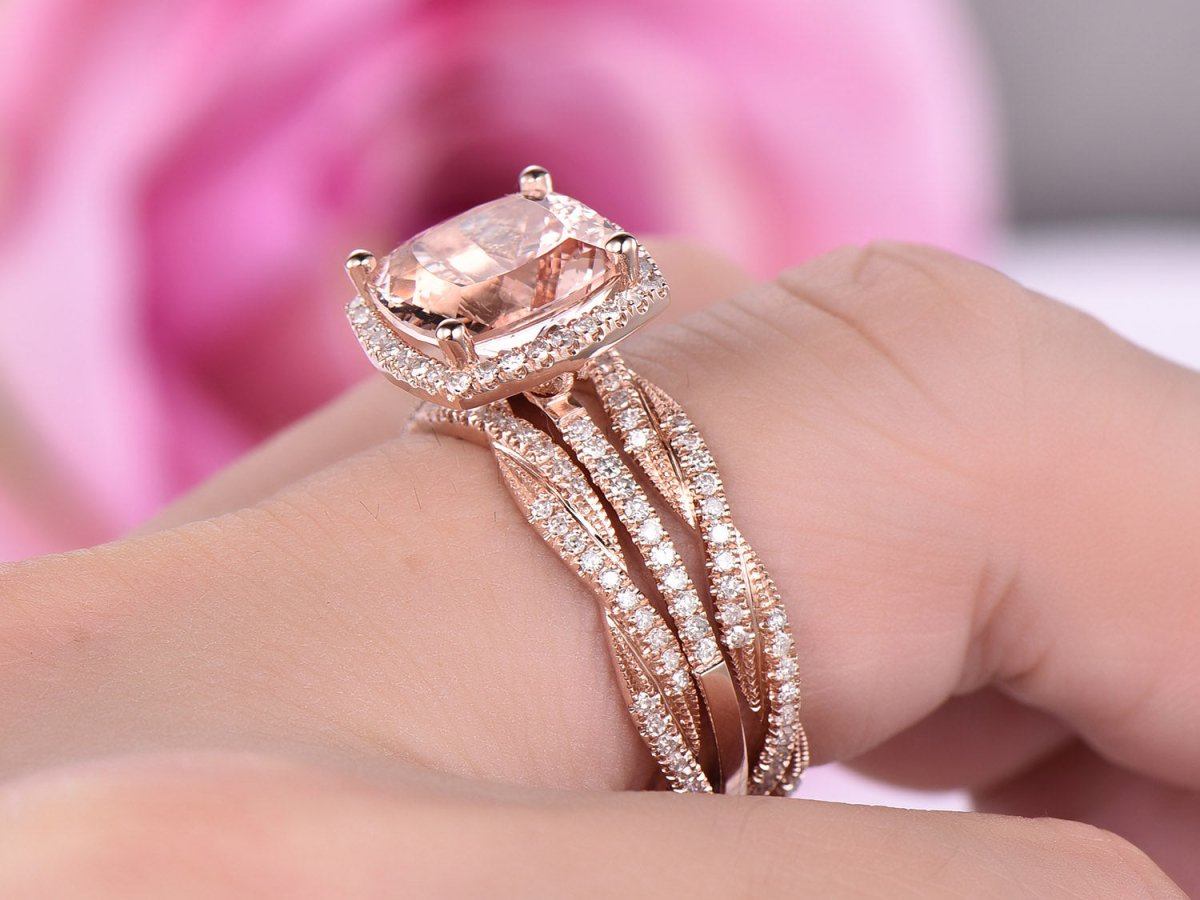 5ct Cushion Morganite Trio Bridal Set Twisted Diamond Band 14K Rose Gold - Lord of Gem Rings