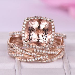 5ct Cushion Morganite Trio Bridal Set Twisted Diamond Band 14K Rose Gold - Lord of Gem Rings