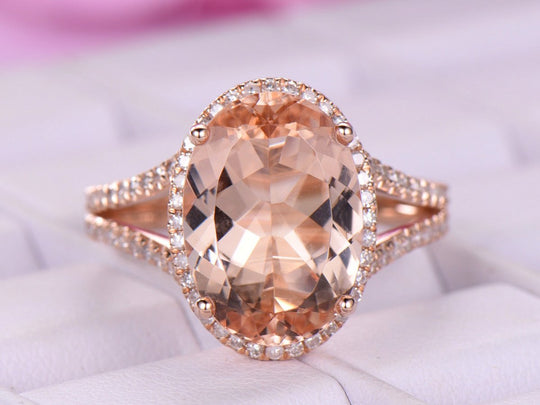 5 Carat Oval Morganite and Diamond Engagement Ring in 18K Gold | Split Shank Halo Design | Anniversary or Statement Ring