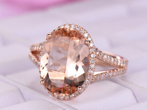 5ct Elongated Oval Morganite Diamond Ring Split Shank 18K Rose Gold - Lord of Gem Rings