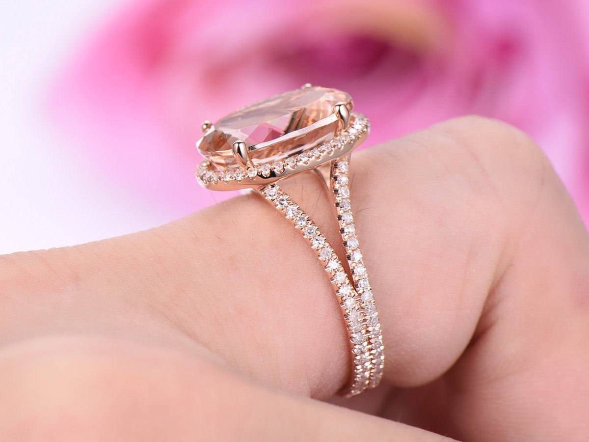 Morganite Rose Gold Split Ring Round Peach Pink Morganite Diamond