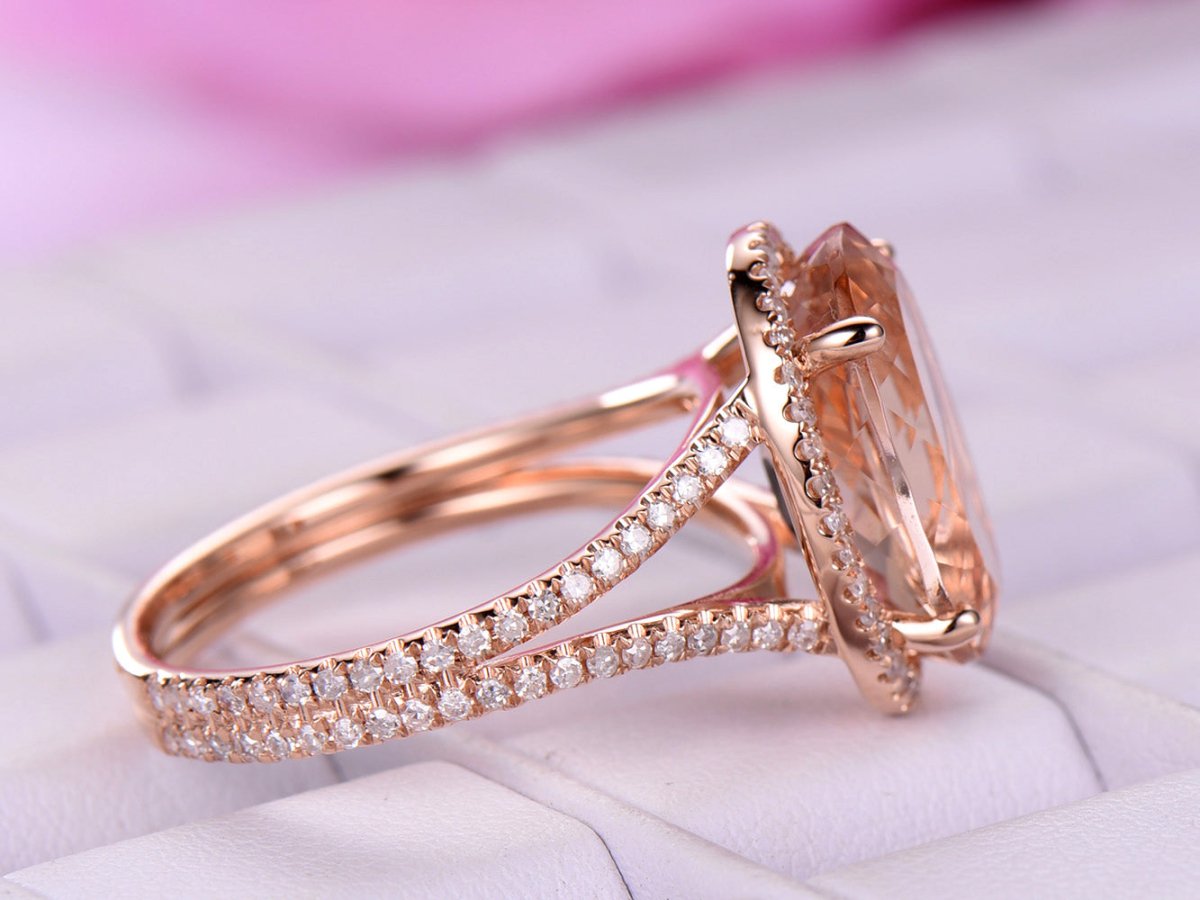 5ct Elongated Oval Morganite Diamond Ring Split Shank 18K Rose Gold - Lord of Gem Rings