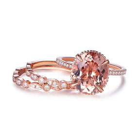 5ct Elongated Oval Morganite Milgrain Under-Gallery Trio Bridal Set - Lord of Gem Rings