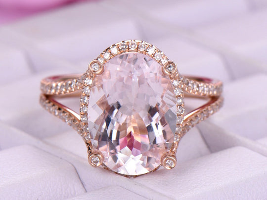 5ct Elongated Oval Morganitem Ring Diamond Split Shank 18K Gold Invisible Gallery