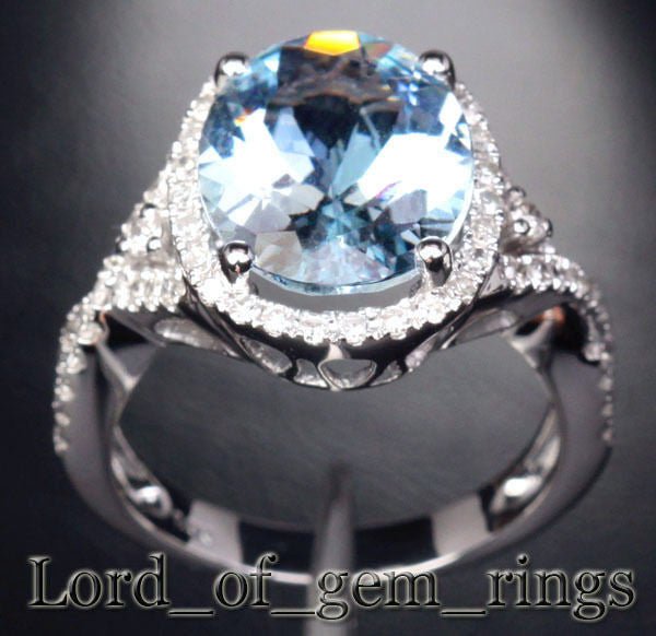 5ct Oval Aquamarine Diamond Crossover Ring 14K White Gold - Lord of Gem Rings