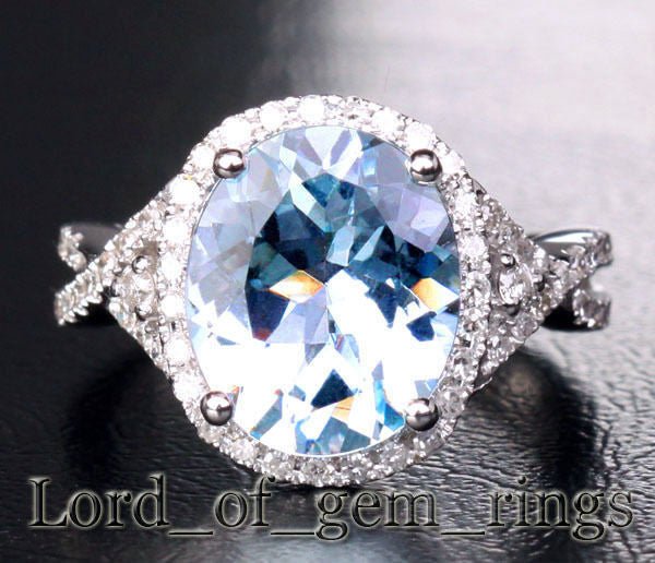 5ct Oval Aquamarine Diamond Crossover Ring 14K White Gold - Lord of Gem Rings