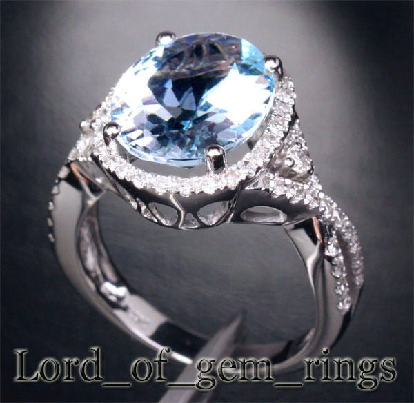 5ct Oval Aquamarine Diamond Crossover Ring 14K White Gold - Lord of Gem Rings