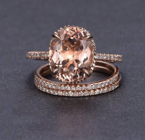 5ct Oval Morganite and Pave Diamond Accents Trio Bridal Set - Lord of Gem Rings