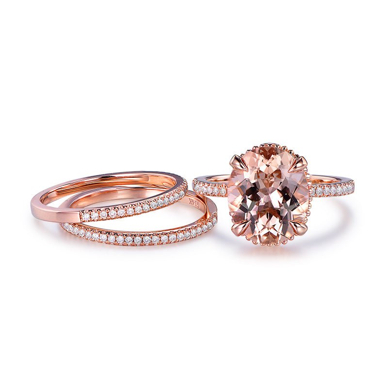 5ct Oval Morganite and Pave Diamond Accents Trio Bridal Set - Lord of Gem Rings