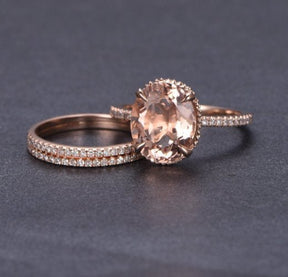 5ct Oval Morganite and Pave Diamond Accents Trio Bridal Set - Lord of Gem Rings