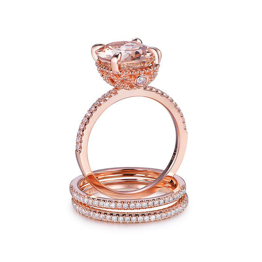 5ct Oval Morganite and Pave Diamond Accents Trio Bridal Set