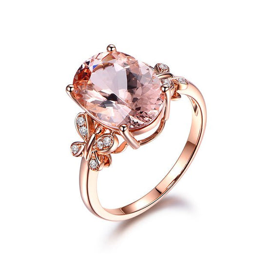 5ct Oval Morganite Diamond Butterfly Ring 18K Rose Gold