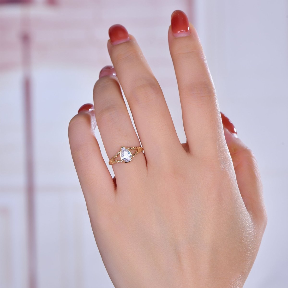 5x8mm Pear white Sapphire Engagement Braid Solitaire Ring 14K Gold - Lord of Gem Rings