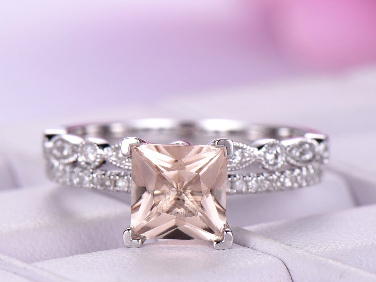 6.5mm Princess Moissanite Diamond United-as-One Bridal Set 14K Gold - Lord of Gem Rings