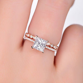 6.5mm Princess Moissanite Diamond United-as-One Bridal Set 14K Gold - Lord of Gem Rings