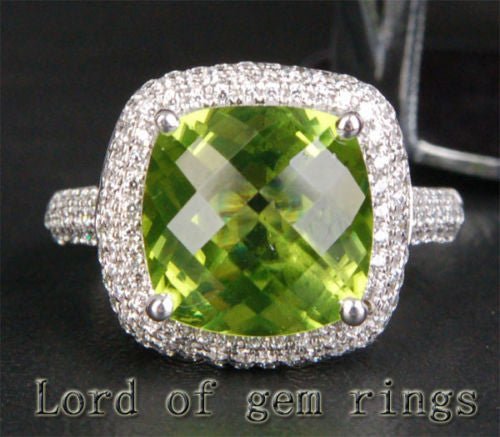 6ct Cushion Peridot Triple Row Diamond Engagement Ring 14K White Gold - Lord of Gem Rings
