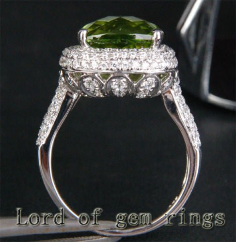 6ct Cushion Peridot Triple Row Diamond Engagement Ring 14K White Gold - Lord of Gem Rings