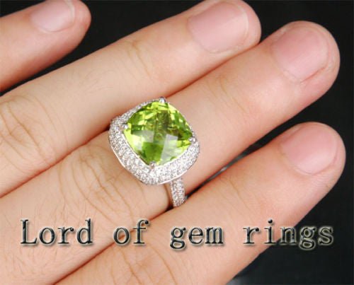 6ct Cushion Peridot Triple Row Diamond Engagement Ring 14K White Gold - Lord of Gem Rings