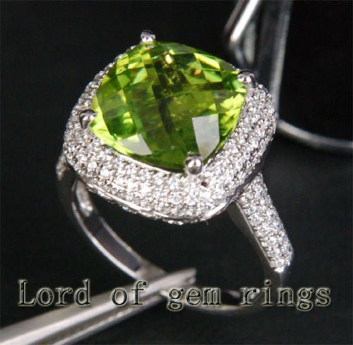 6ct Cushion Peridot Triple Row Diamond Engagement Ring 14K White Gold - Lord of Gem Rings