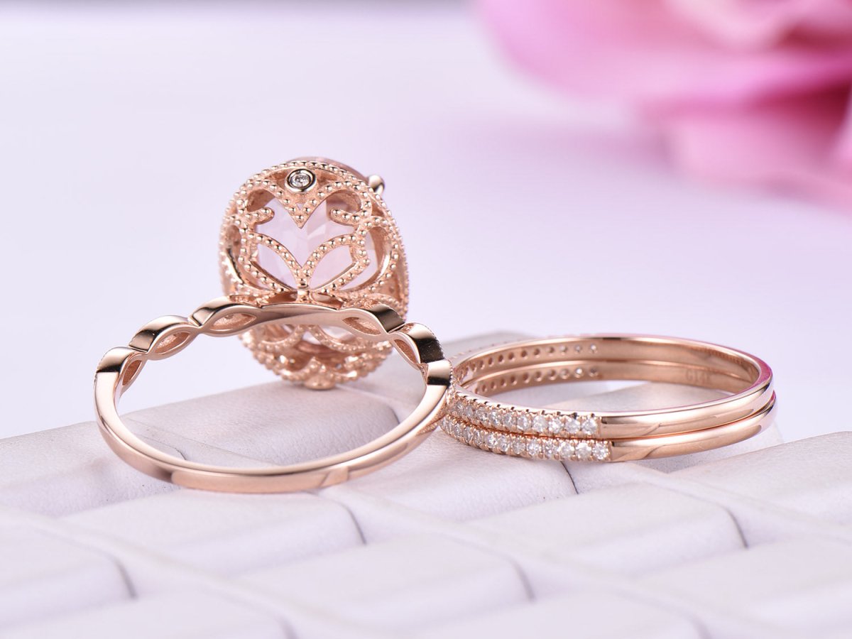 6ct Elongated Oval Morganite Milgrain Under-Gallery Trio Bridal Set - Lord of Gem Rings