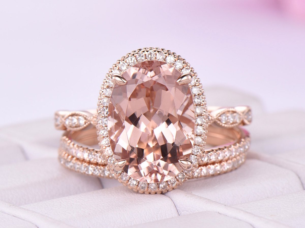 6ct Elongated Oval Morganite Milgrain Under-Gallery Trio Bridal Set - Lord of Gem Rings