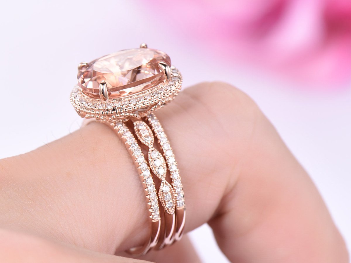 6ct Elongated Oval Morganite Milgrain Under-Gallery Trio Bridal Set - Lord of Gem Rings