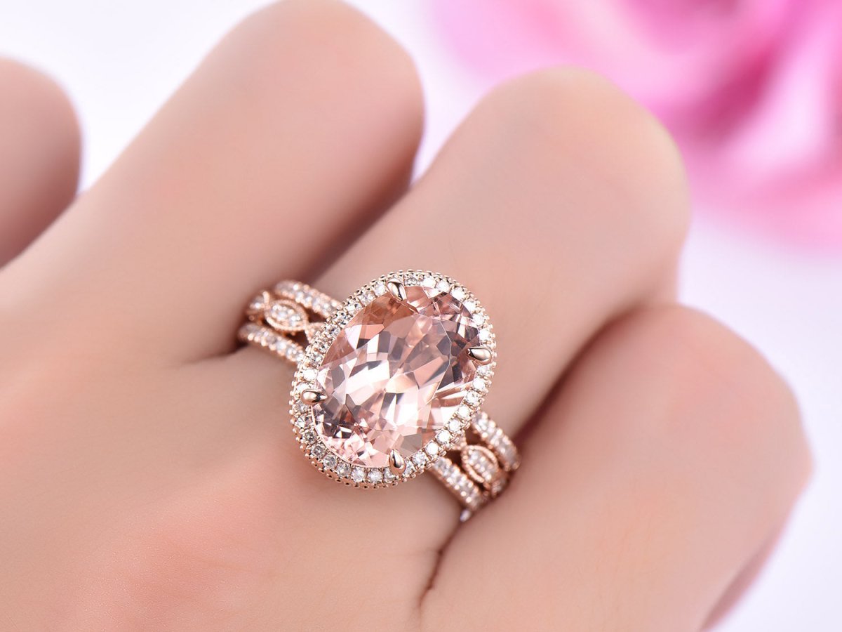 6ct Elongated Oval Morganite Milgrain Under-Gallery Trio Bridal Set - Lord of Gem Rings