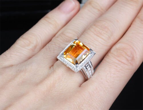 6ct Emerald Cut Citrine Baguette Diamond Ring 14K White Gold - Lord of Gem Rings