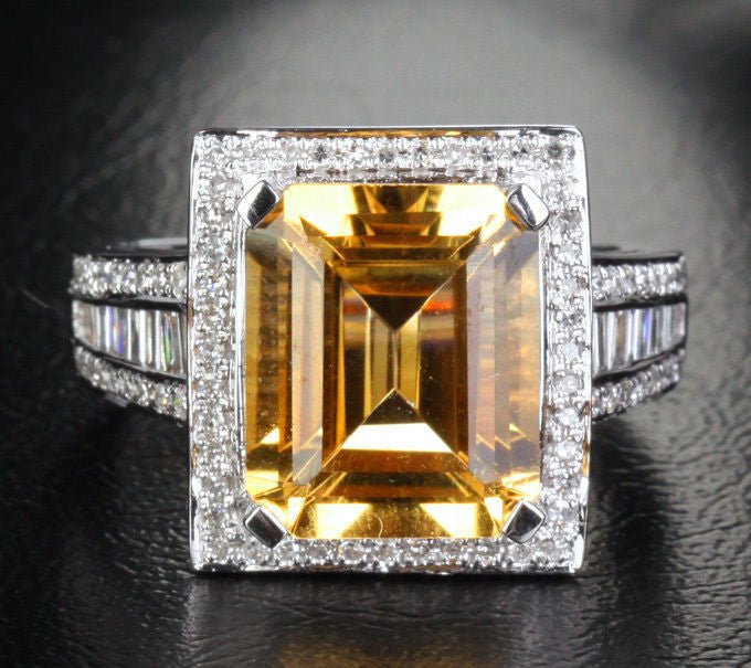 6ct Emerald Cut Citrine Baguette Diamond Ring 14K White Gold - Lord of Gem Rings