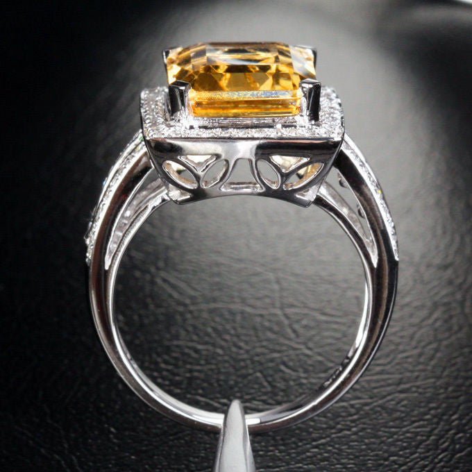 6ct Emerald Cut Citrine Baguette Diamond Ring 14K White Gold - Lord of Gem Rings