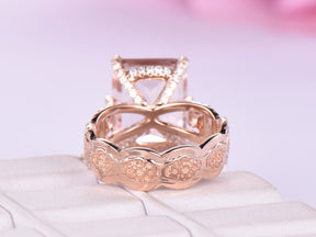 6ct Emerald Cut Morganite Engagement Ring Lace Pattern Filigree Shank - Lord of Gem Rings