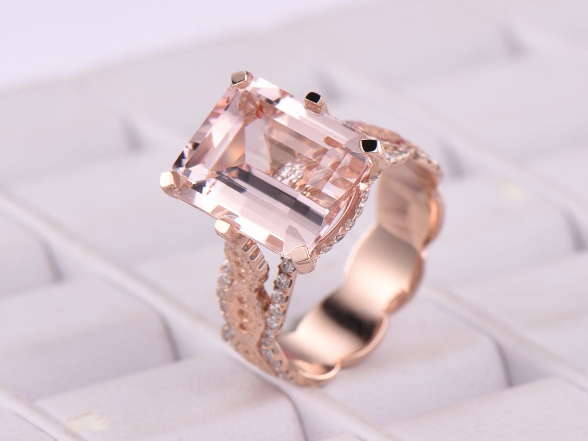 6ct Emerald Cut Morganite Engagement Ring Lace Pattern Filigree Shank - Lord of Gem Rings