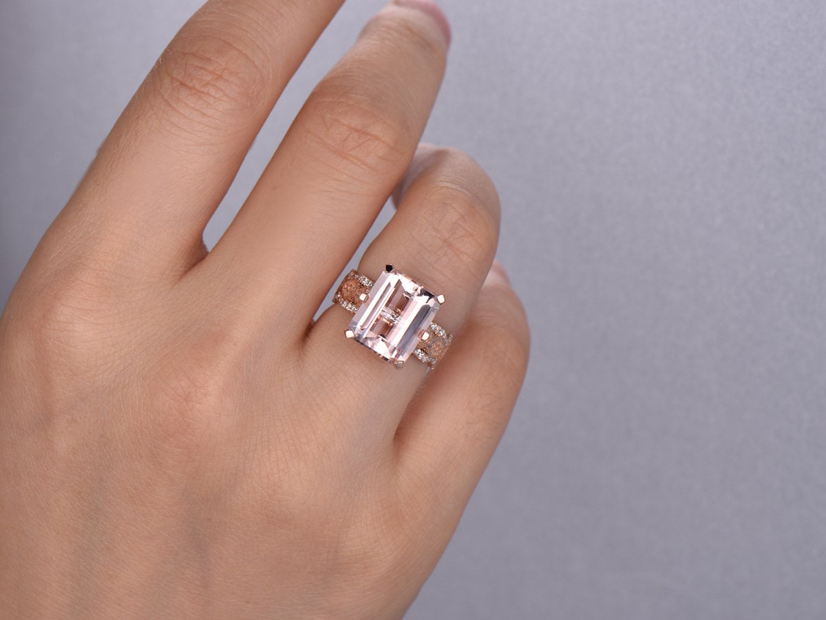 6ct Emerald Cut Morganite Engagement Ring Lace Pattern Filigree Shank - Lord of Gem Rings