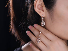 6ct Oval Morganite Diamond Halo Dangling Earrings 14K Rose gold - Lord of Gem Rings