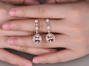6ct Oval Morganite Diamond Halo Dangling Earrings 14K Rose gold - Lord of Gem Rings