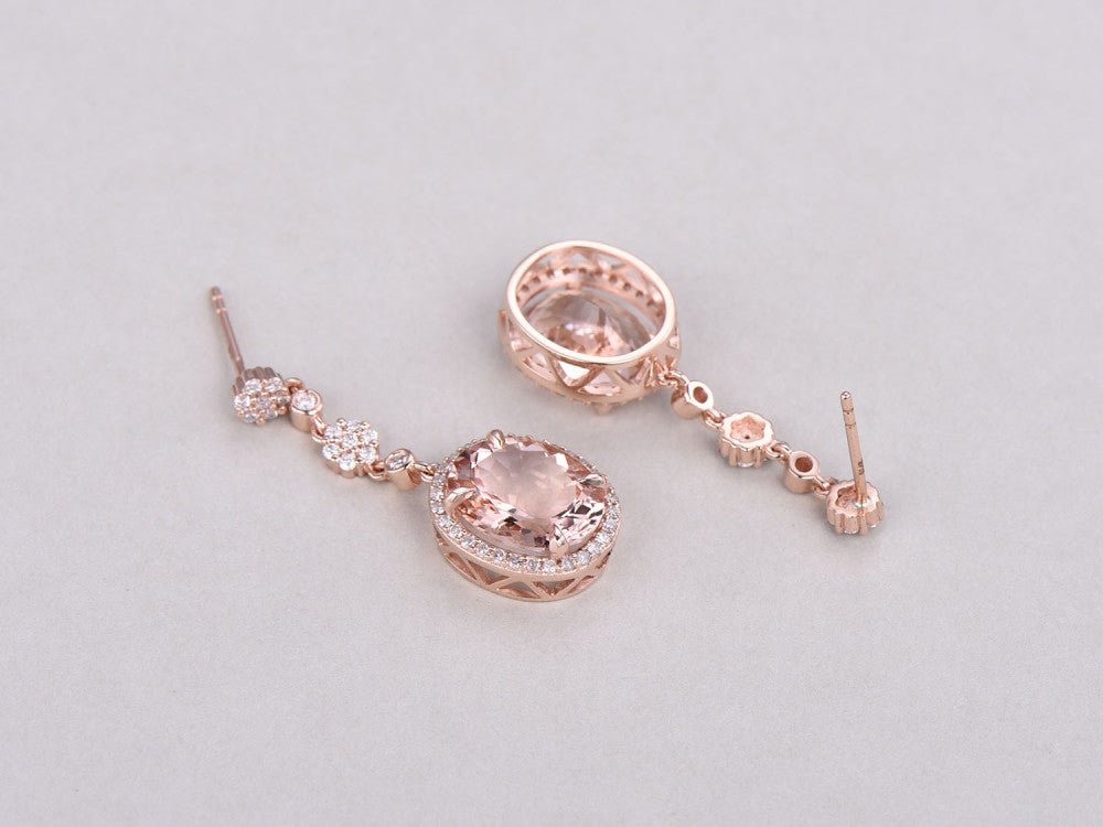 6ct Oval Morganite Diamond Halo Dangling Earrings 14K Rose gold - Lord of Gem Rings